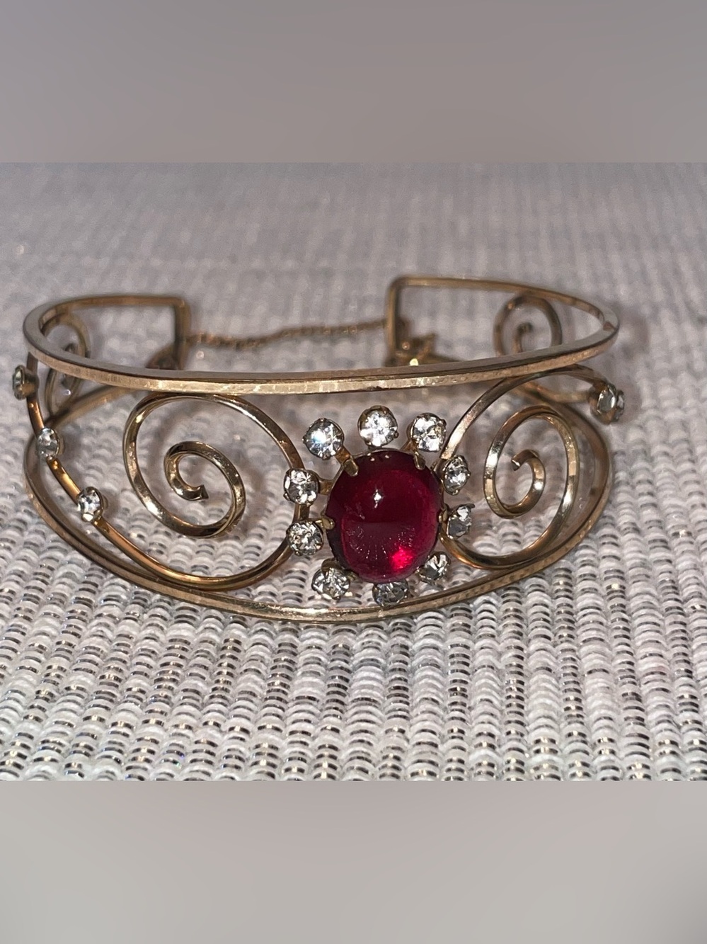 Vintage Gold-Tone Red Gemstone Filigree Cuff Bracelet